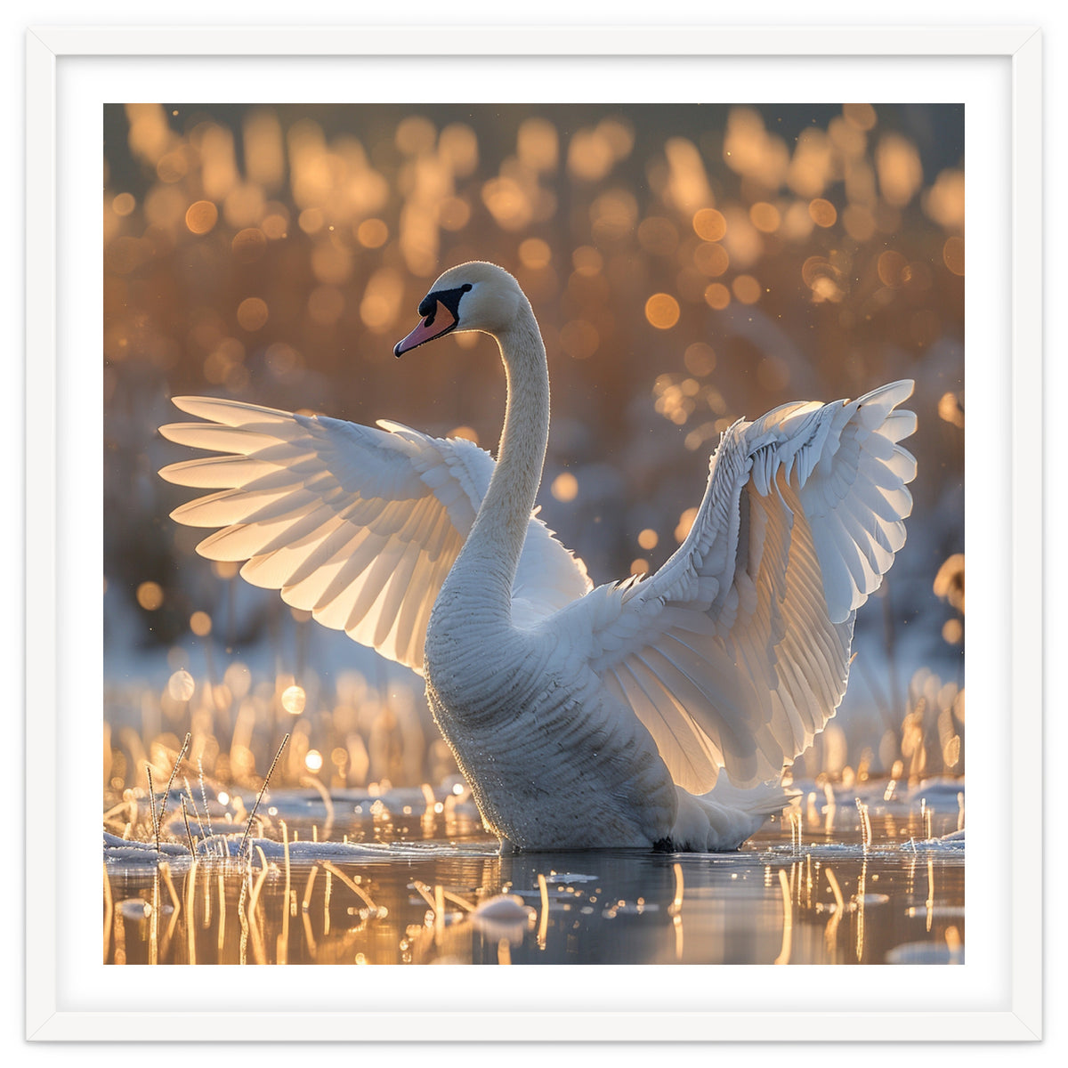 Swan Spreading Wings In Water Sunlight