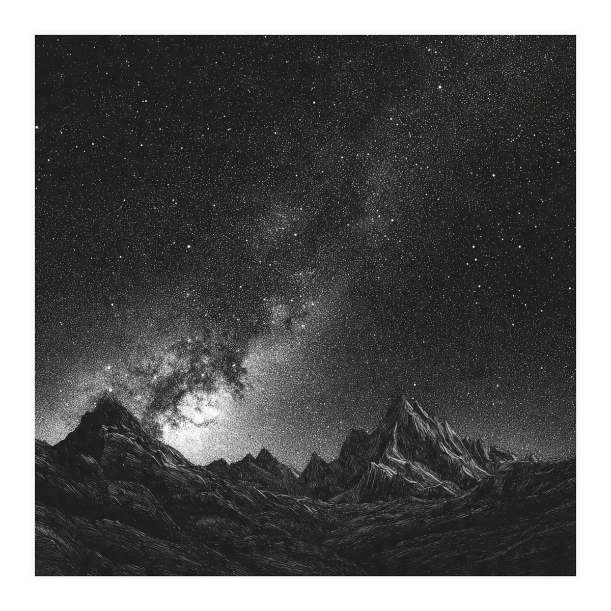 Starlit Mountain Majesty: Detailed Monochrome Milky Way (Print Only)