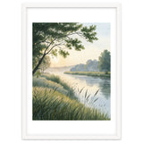 Serene River Sunrise Watercolor Painting with Meadow Grasses and Warm Golden Atmosphere Landscape thumbnail