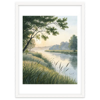 Serene River Sunrise Watercolor Painting with Meadow Grasses and Warm Golden Atmosphere Landscape