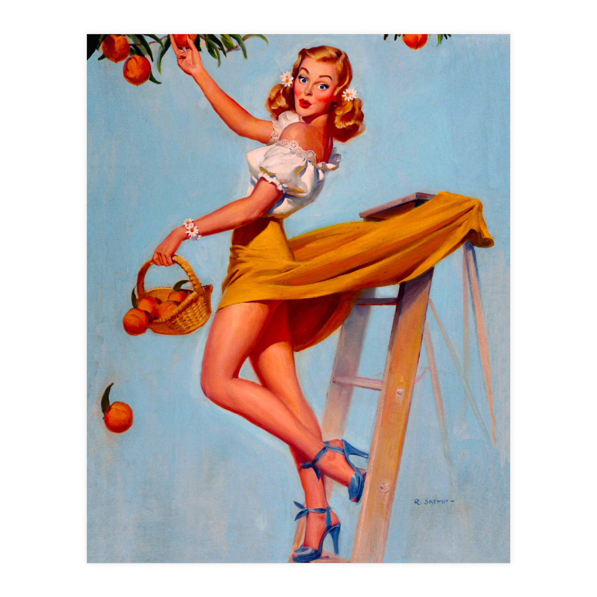 Pinup Sexy Woman Picking Oranges On A Tree Branch (Print Only)