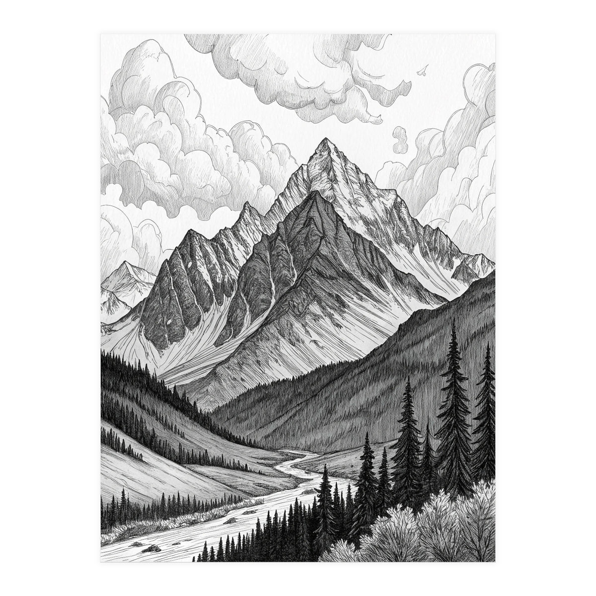 Majestic Alpine Mountain Range Sketch (Print Only)