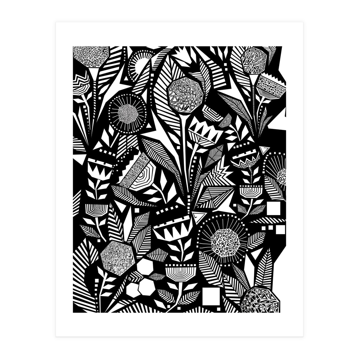 African Tribal, Black & White Abstract Drawing Sketch Line Art, Rustic Botanical Illustration, Bohemian Eclectic Scandinavian Vintage Bold (Print Only)