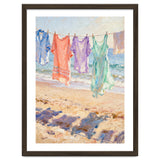 Laundry Drying by the Sea, Colorful Clothes on a Beach Clothesline, Coastal Summer Pastel Painting, Relaxing Ocean Shore Art Print thumbnail