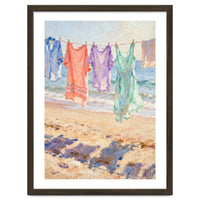 Laundry Drying by the Sea, Colorful Clothes on a Beach Clothesline, Coastal Summer Pastel Painting, Relaxing Ocean Shore Art Print
