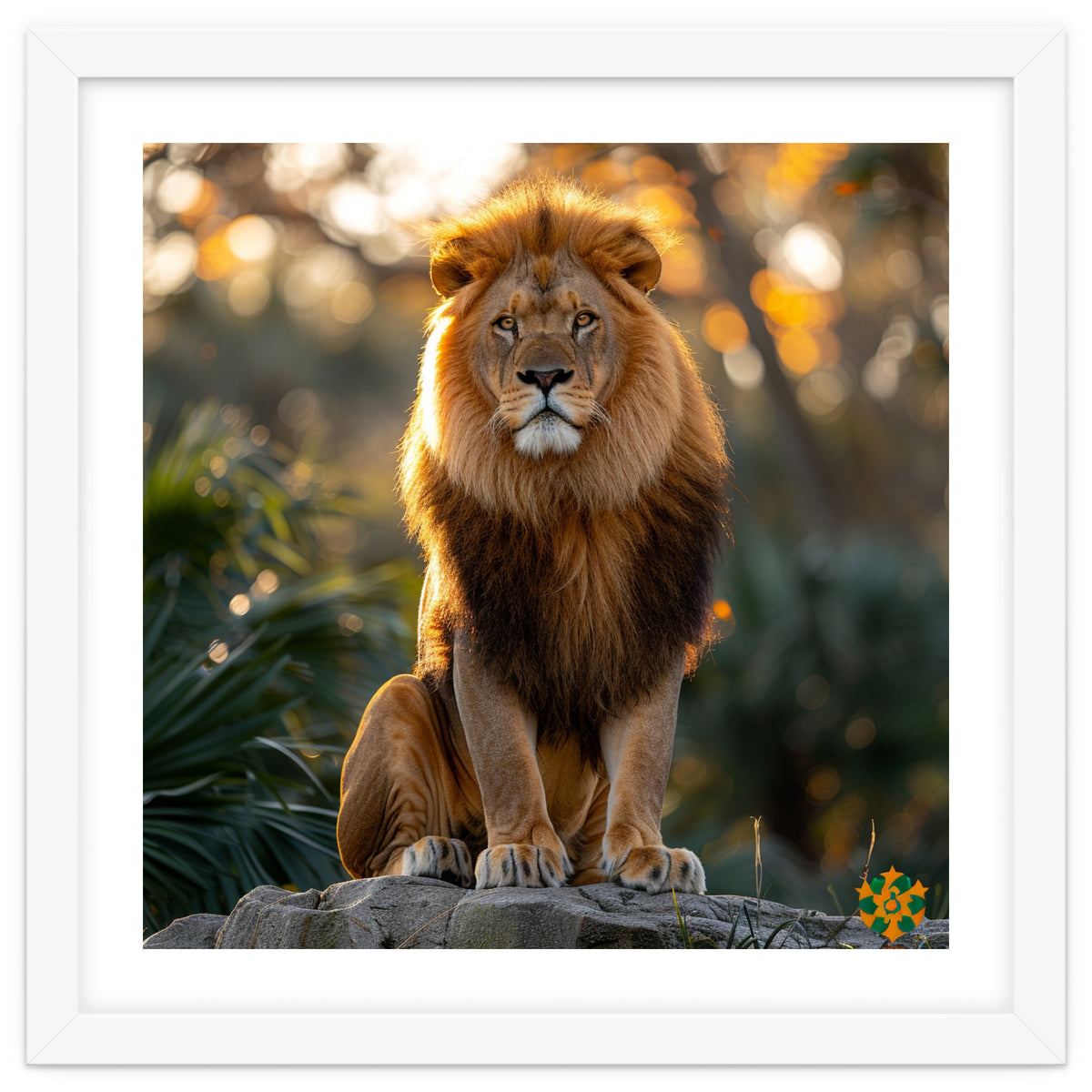 Majestic Lion Sitting On A Rock At Sunset