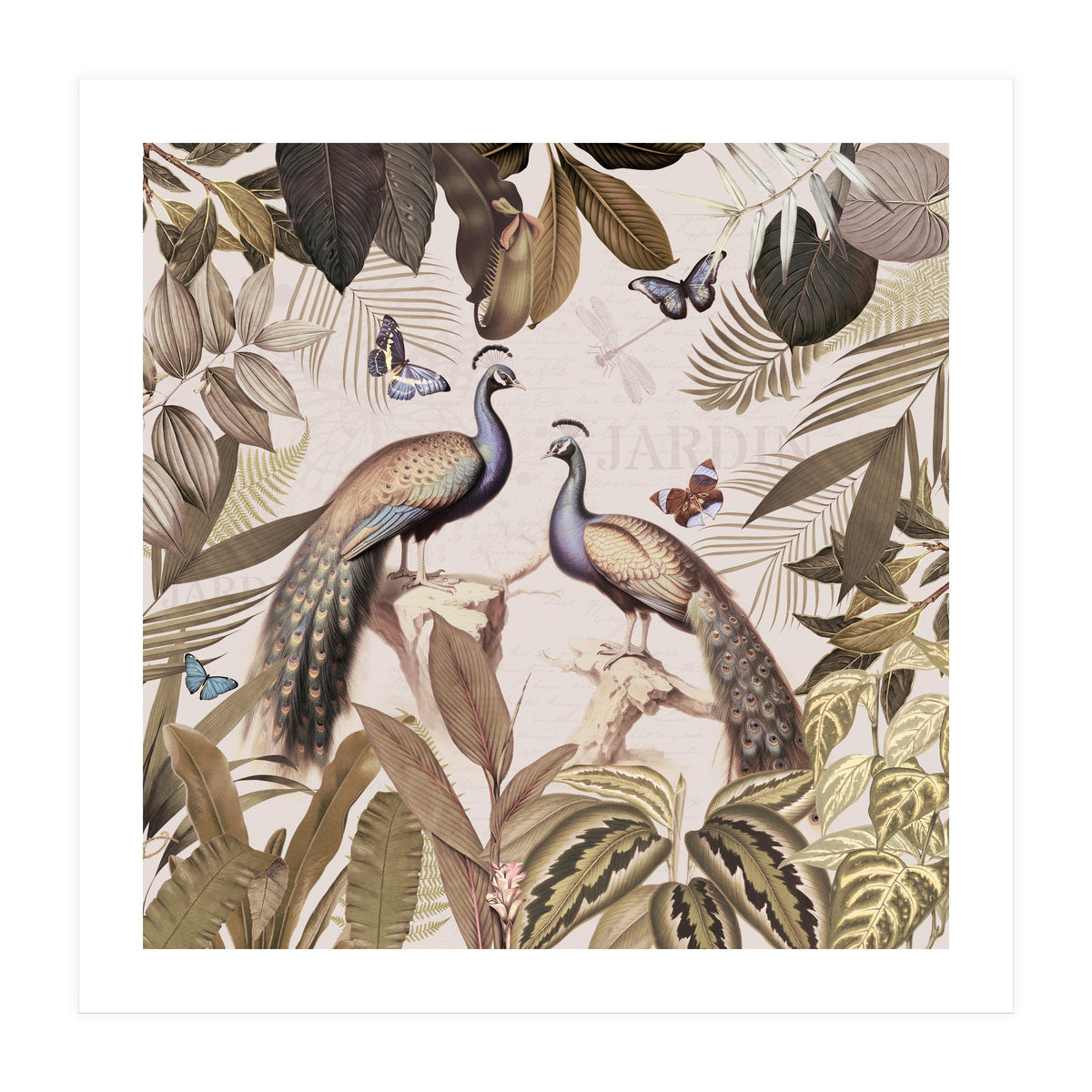 Vintage Sepia Exotic Peacocks Jungle (Print Only)