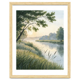 Serene River Sunrise Watercolor Painting with Meadow Grasses and Warm Golden Atmosphere Landscape thumbnail