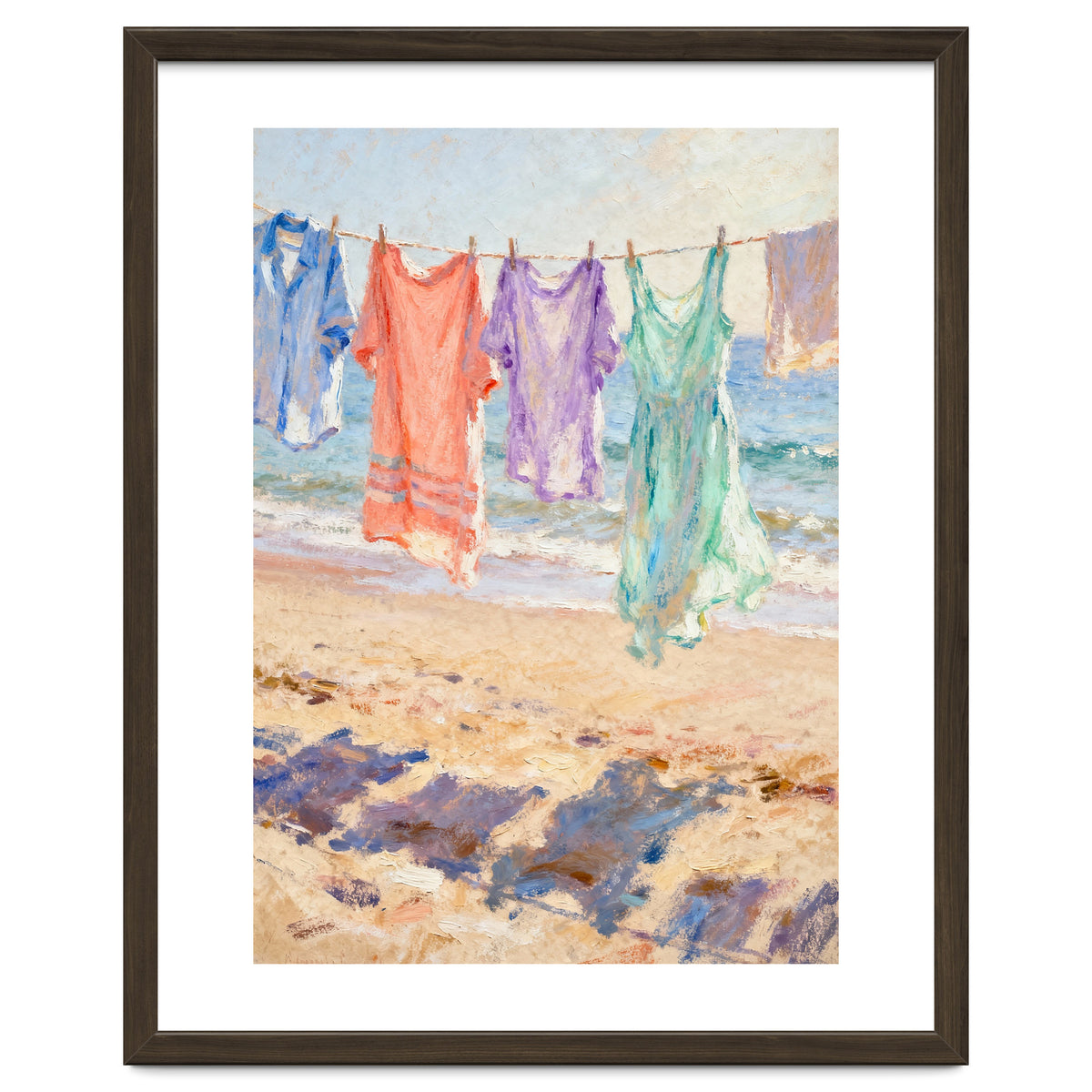 Laundry Drying by the Sea, Colorful Clothes on a Beach Clothesline, Coastal Summer Pastel Painting, Relaxing Ocean Shore Art Print