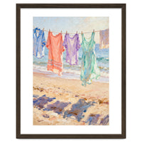 Laundry Drying by the Sea, Colorful Clothes on a Beach Clothesline, Coastal Summer Pastel Painting, Relaxing Ocean Shore Art Print