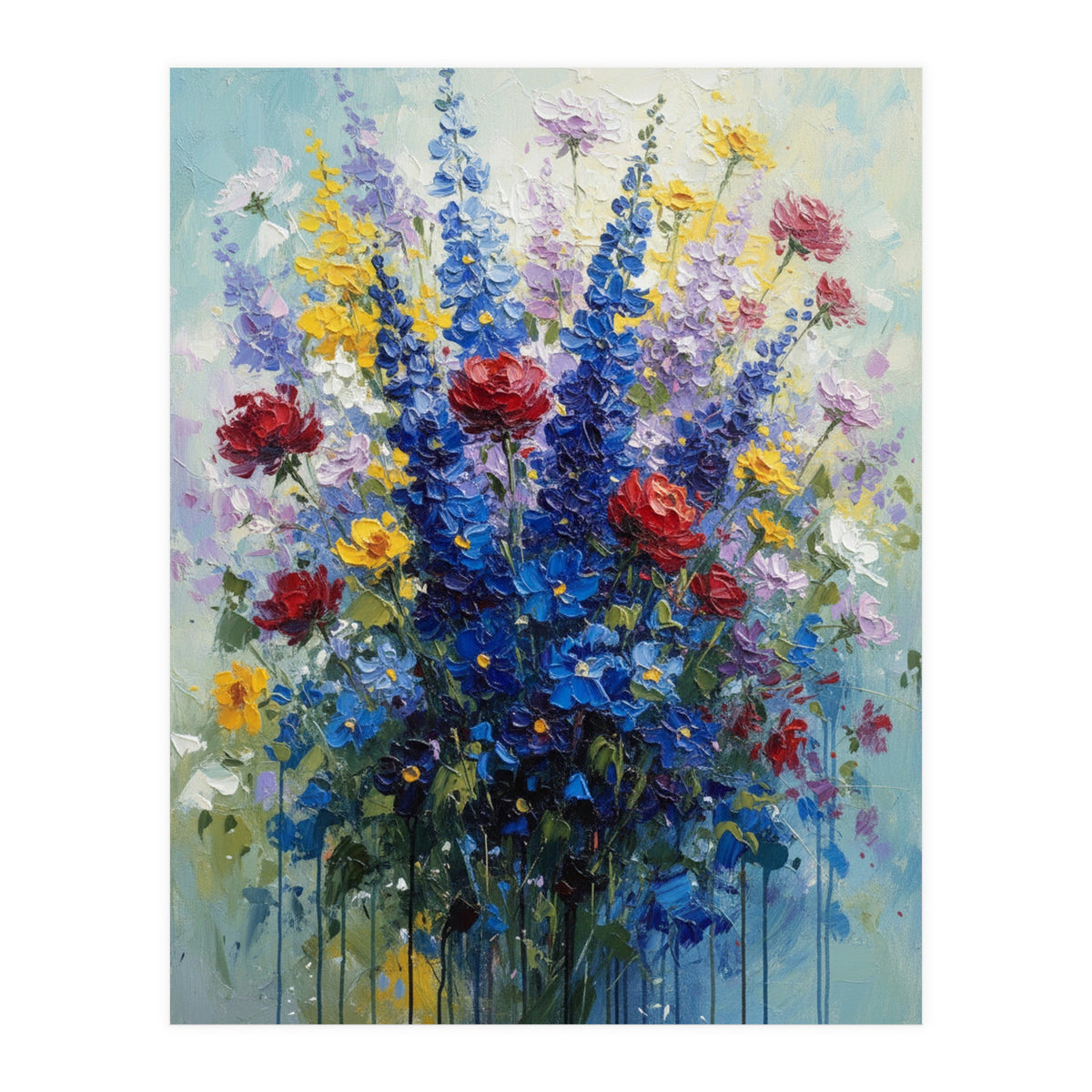 Vibrant Blue Delphinium and Red Rose Heavy Impasto Oil Painting (Print Only)