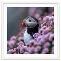 Atlantic Puffin Amidst Pink Heather Flowers