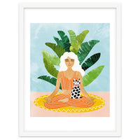 Meditation With Thy Cat Poster | Blonde Woman of Color | Tropical Banana Leaves Quirky Pet Workou