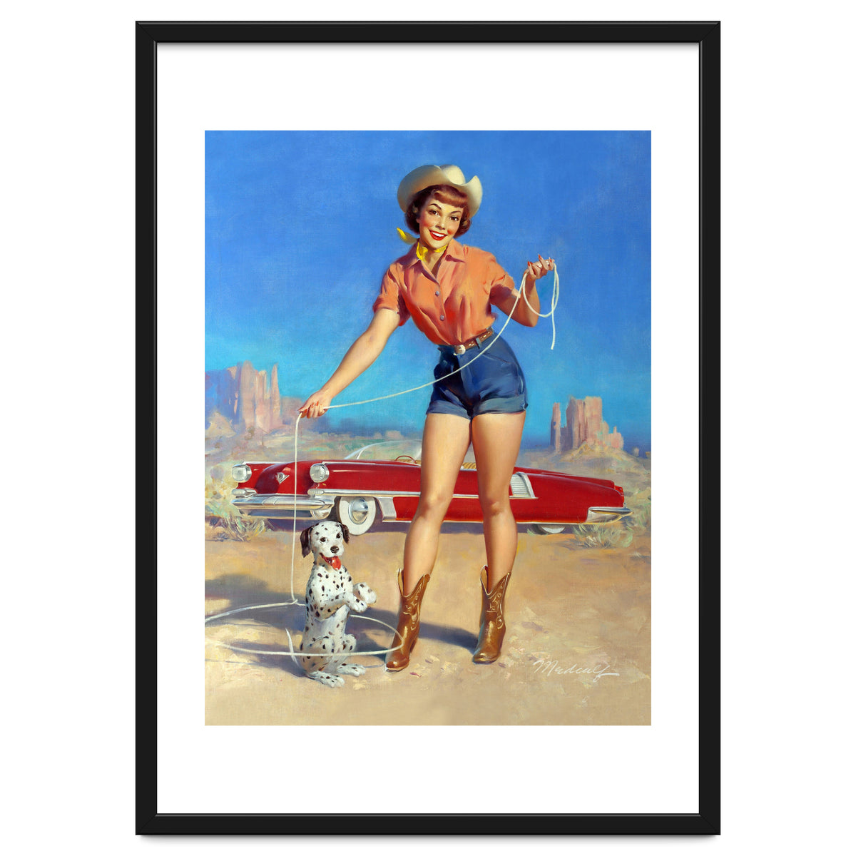 Pinup Cowgirl Showing A New Dog Trick