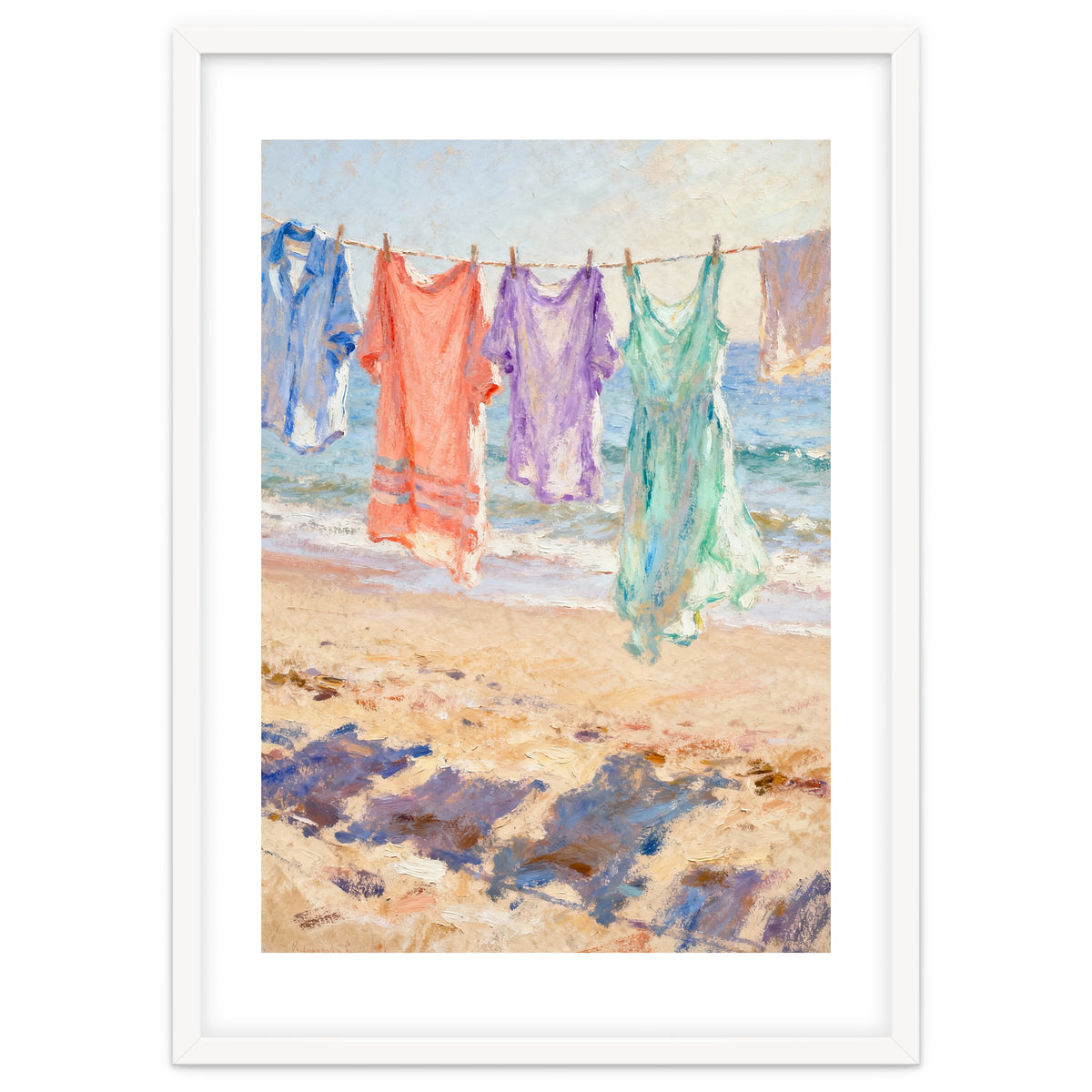 Laundry Drying by the Sea, Colorful Clothes on a Beach Clothesline, Coastal Summer Pastel Painting, Relaxing Ocean Shore Art Print