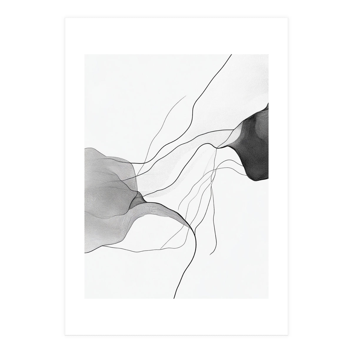 Abstract Black And White Flowing Lines And Shapes On White Background (Print Only)