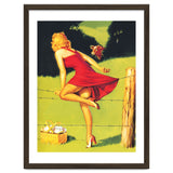 Pinup Girl In Red Dress Crossing The Barbed Wire While Looking At The Bull thumbnail