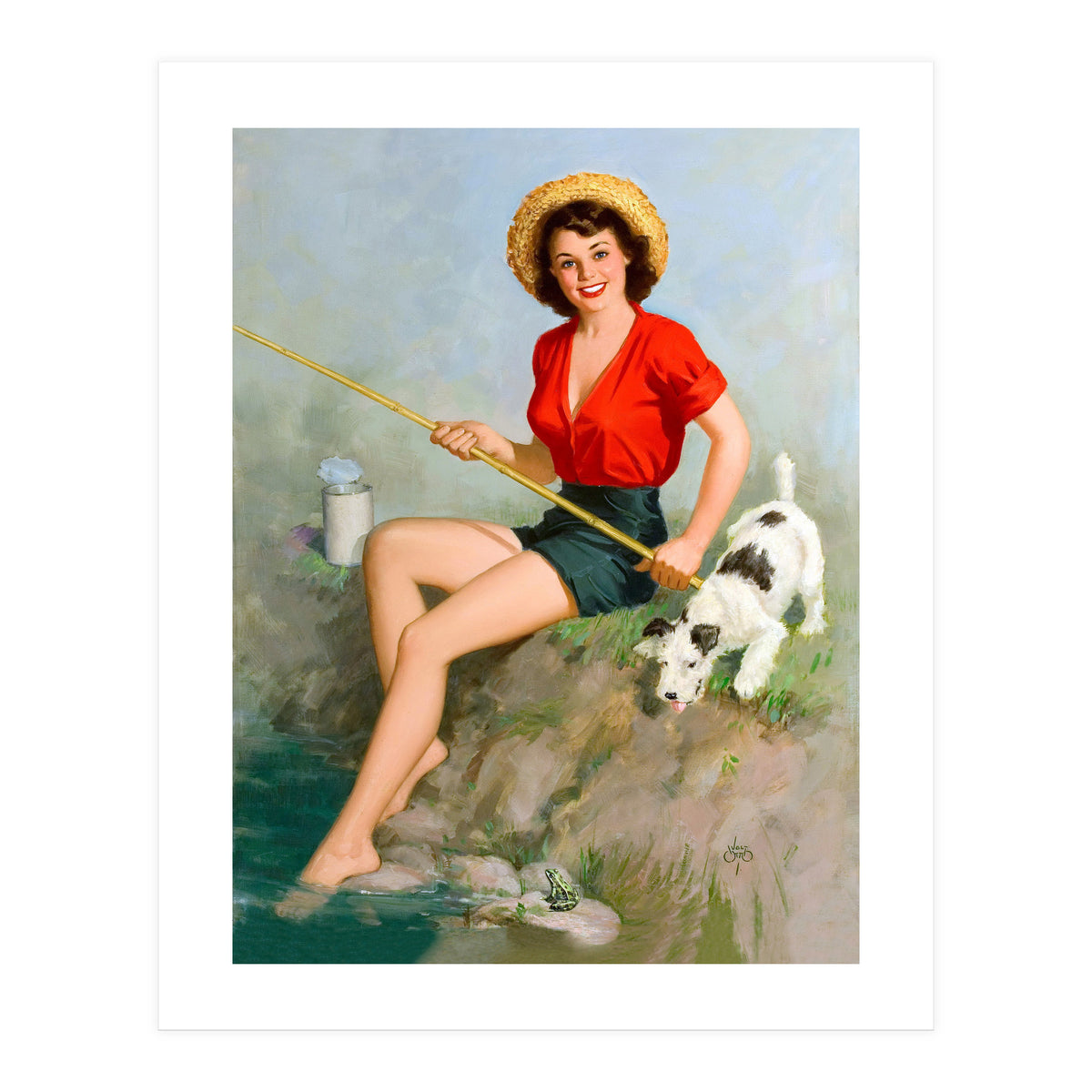 Pinup Girl Fishing With Her Dog (Print Only)