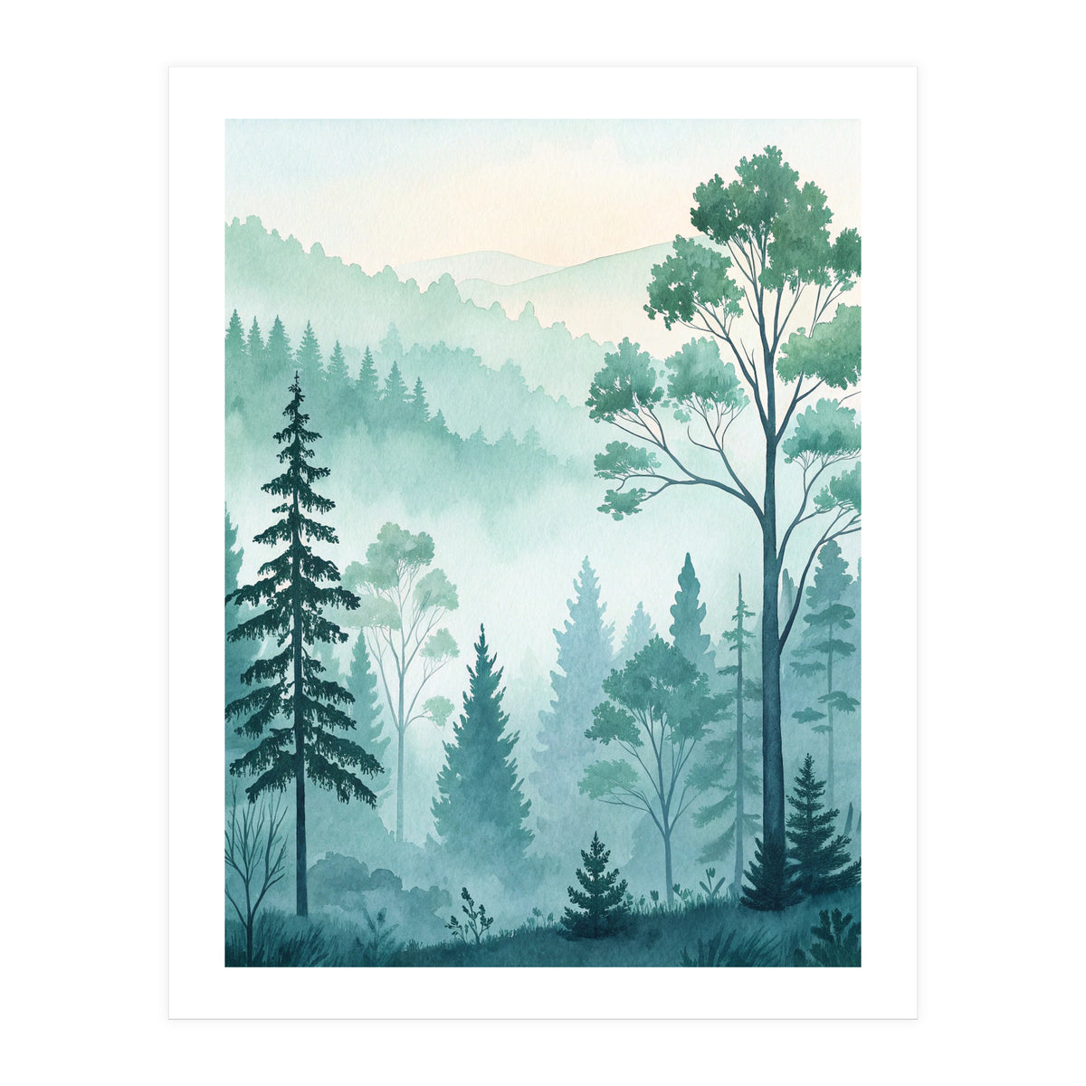 Ethereal Misty Pine Forest Watercolor Art (Print Only)
