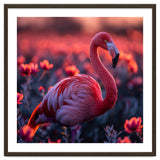 Pink Flamingo Bird Standing Among Flowers At Sunset thumbnail