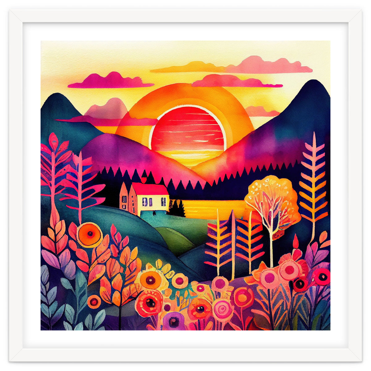 Folk Sunset Over Mountain Lake