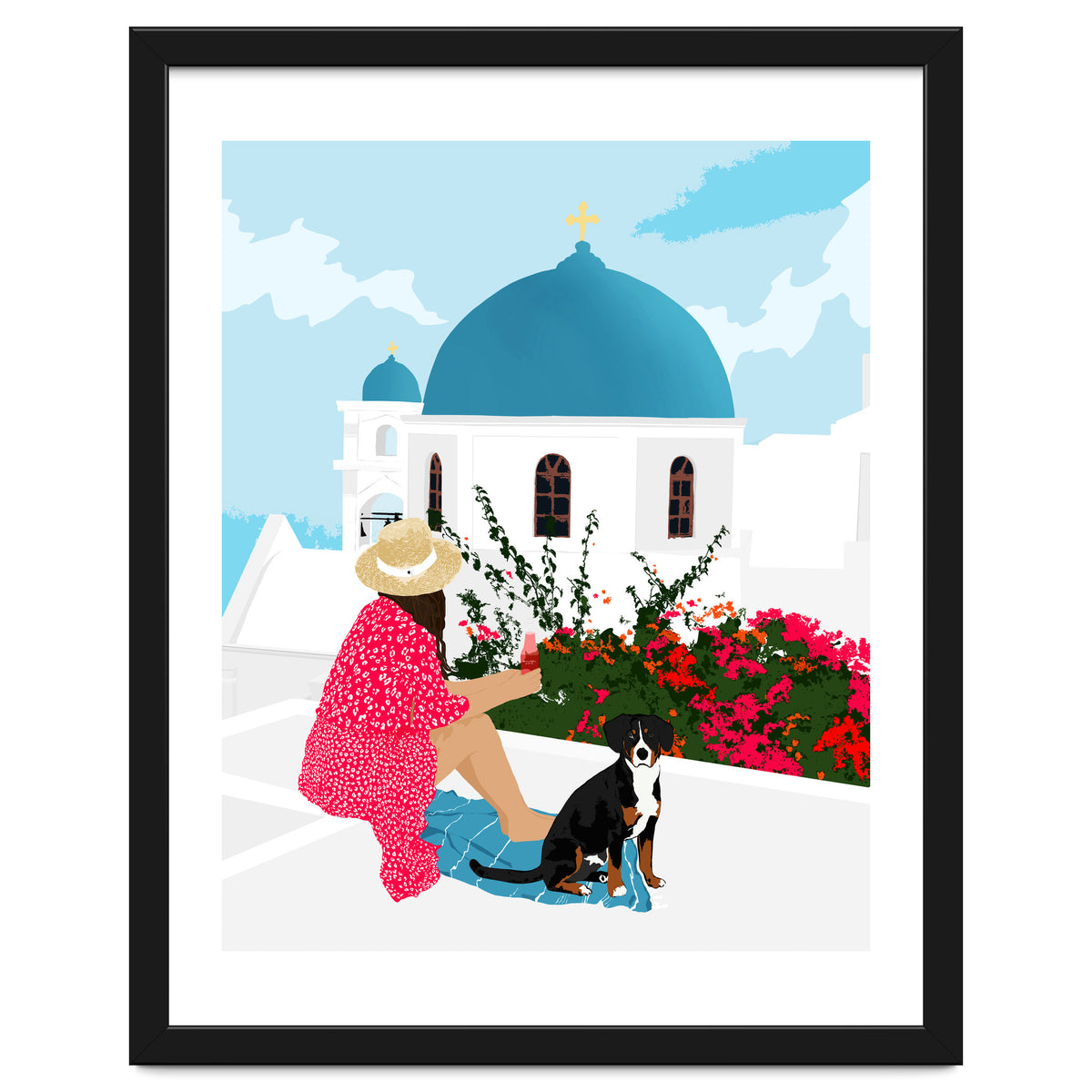 Greek Staycation, Pets Santorini Tropical Summer Travel, Dog White Buildings Architecture Fashion Bohemian