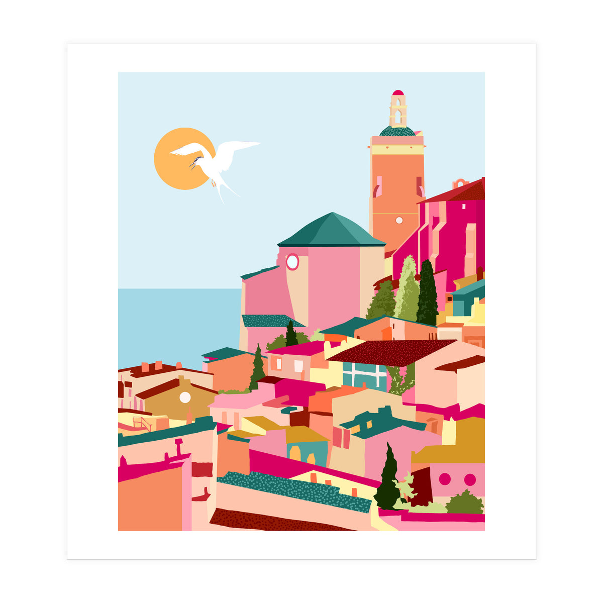 Crimson Rouge, Colorful Architecture Buildings, Greece Cityscape Skyline, Seagull Travel Summer Eclectic Bohemian Pop Of Color Positivity (Print Only)