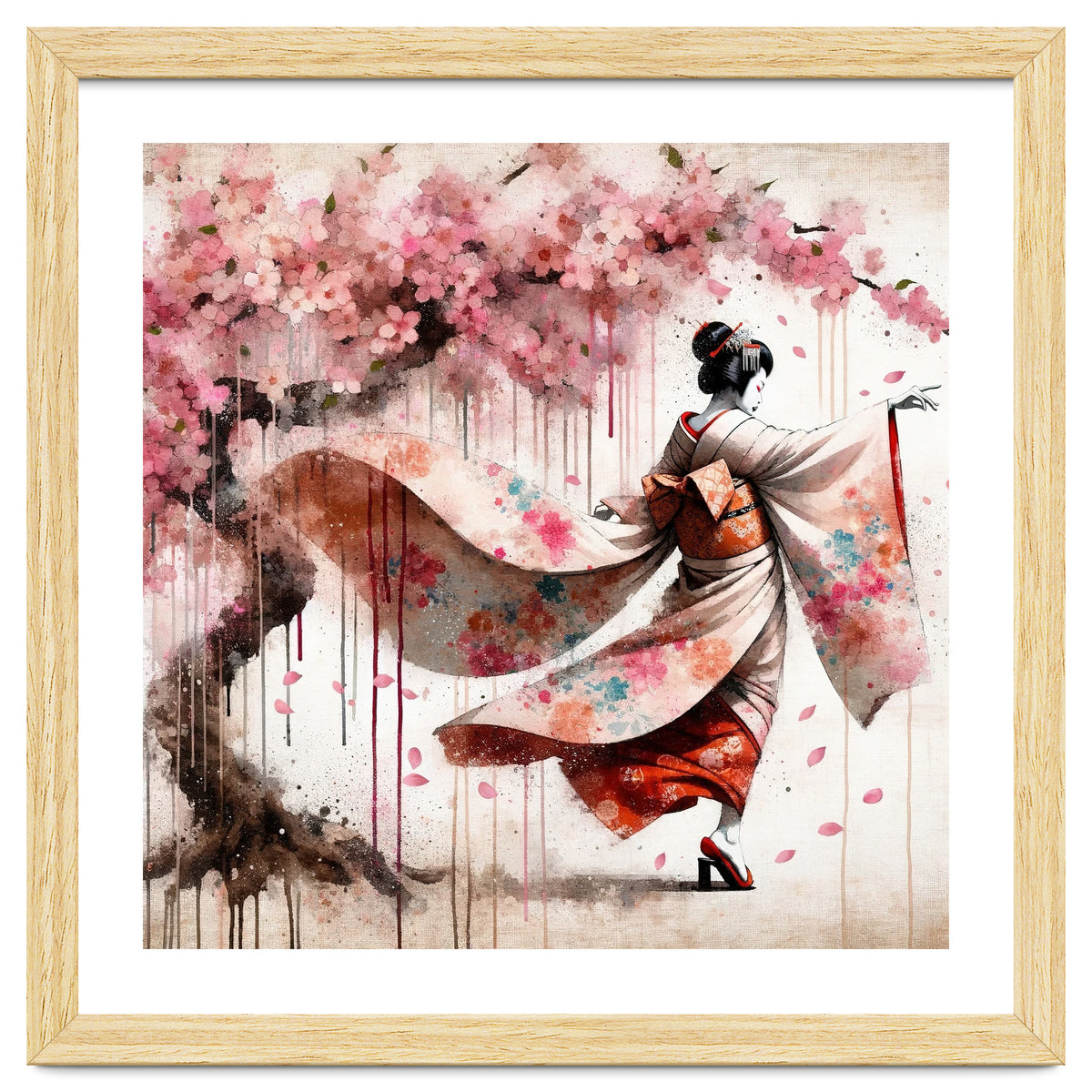 Geisha Under Cherry Blossoms In Motion