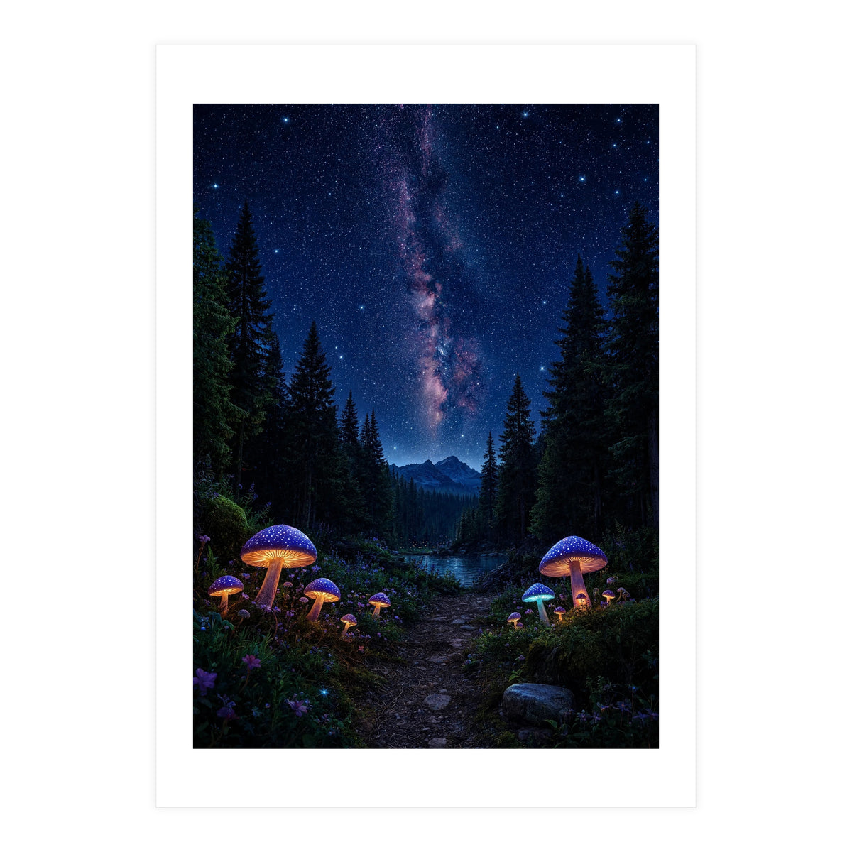 Enchanted Midnight Forest: Glowing Mushrooms and Milky Way (Print Only)