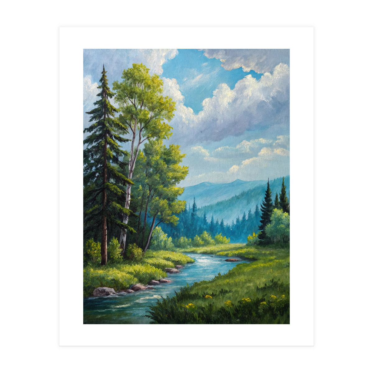 Serene Mountain River Landscape Oil Painting (Print Only)