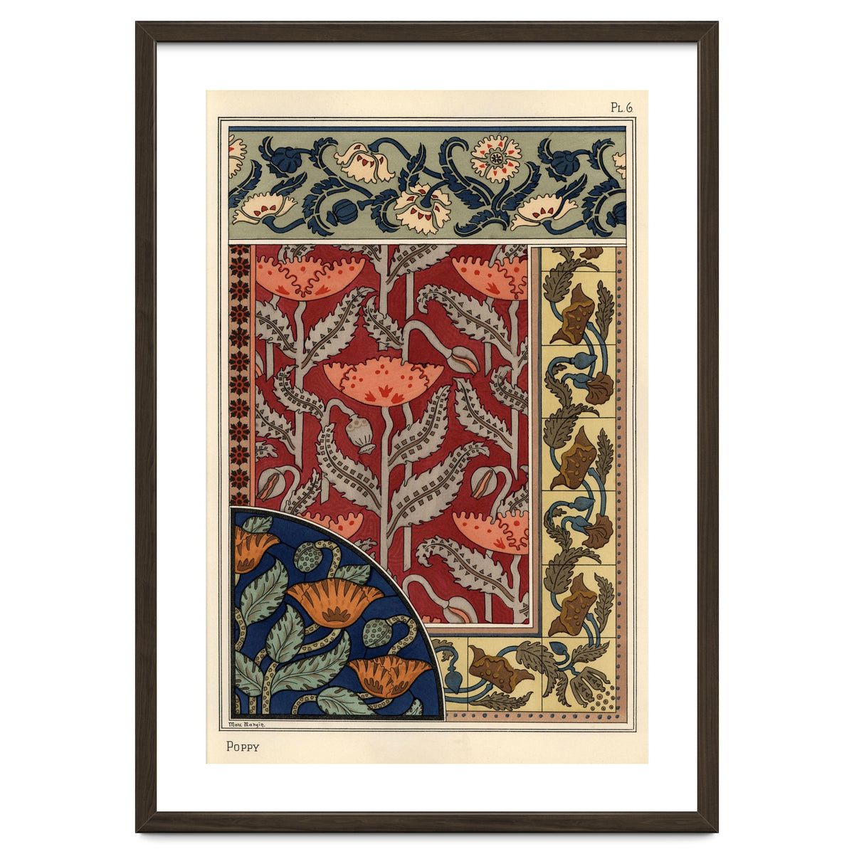 The poppy, Papaver somniferum, in stained glass, wallpaper, fabric and tile patterns. Lithograph ...