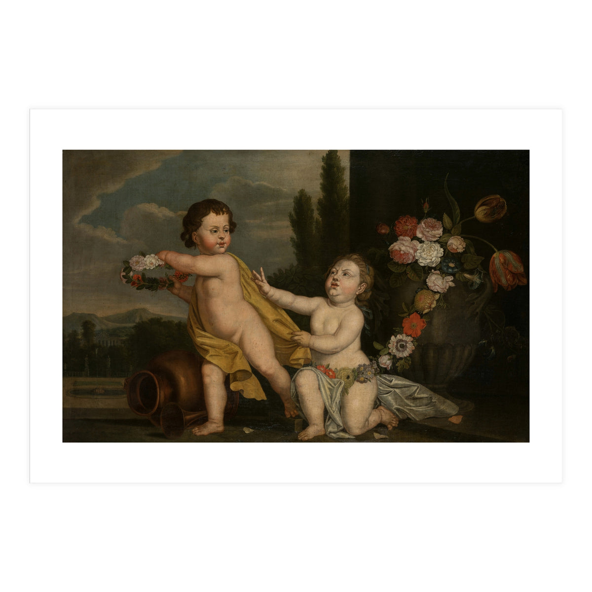 German Master (18th Century) – Two Putti with Garlands of Flowers (Print Only)