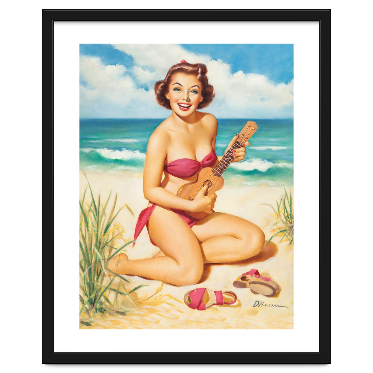 Pinup Girl Playing Ukulele On The Beach