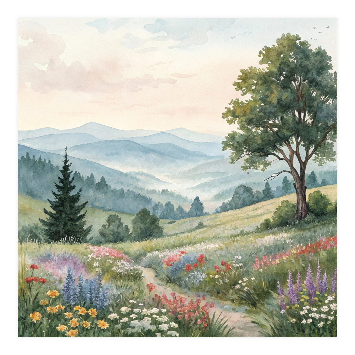 Serene Mountain Meadow Watercolor Landscape (Print Only)