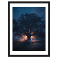 Ancient Mystical Oak Silhouette at Twilight with Ethereal Wisps