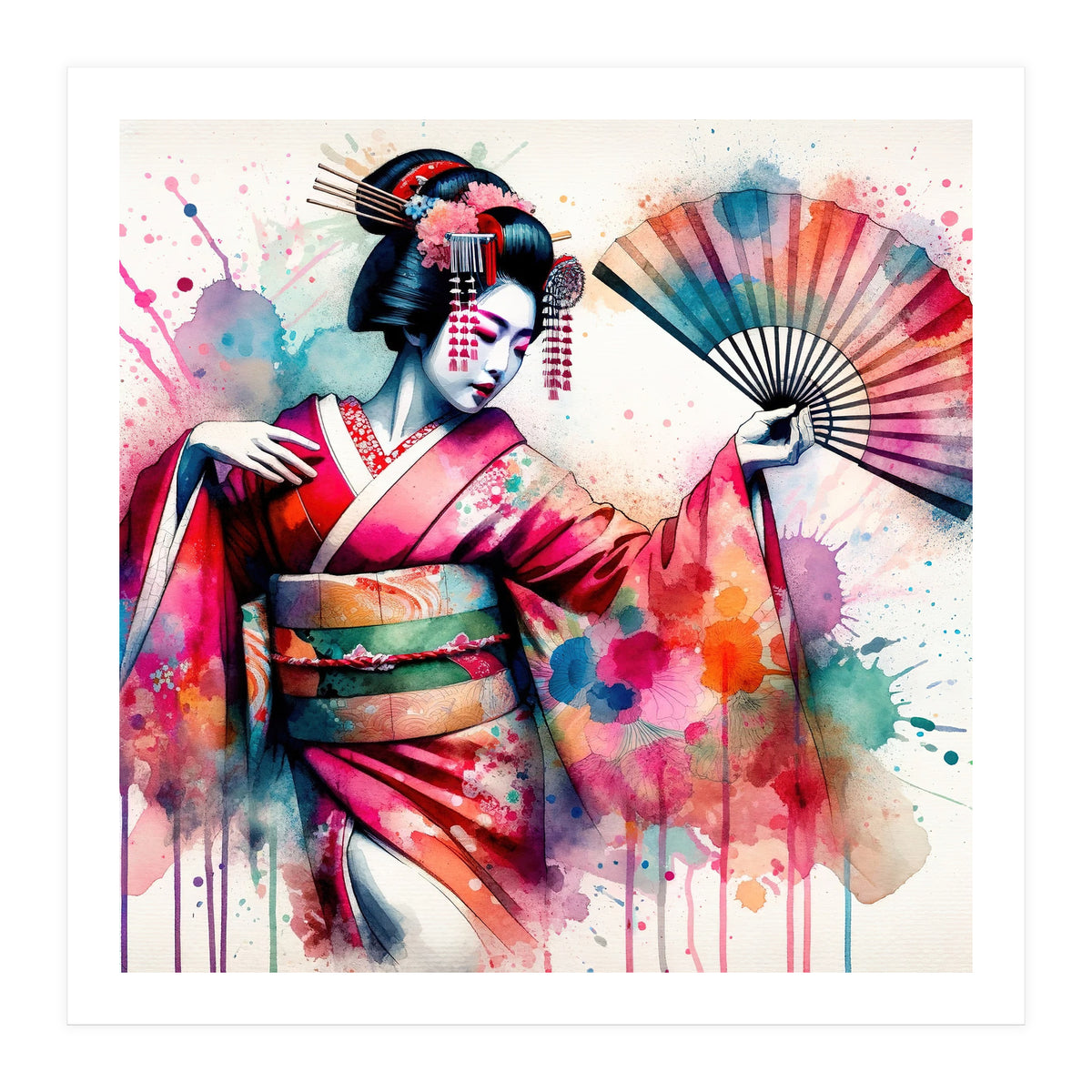 Vibrant Geisha With Rainbow Hand Fan (Print Only)