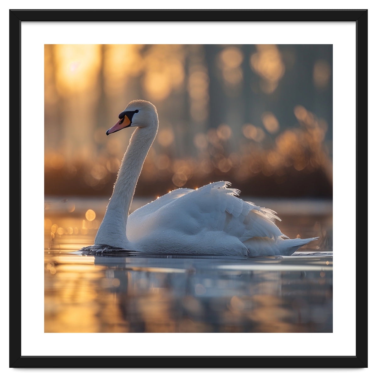 Majestic Swan Gliding On Water At Sunset