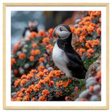 Atlantic Puffin Bird Perched On Orange Flowers thumbnail