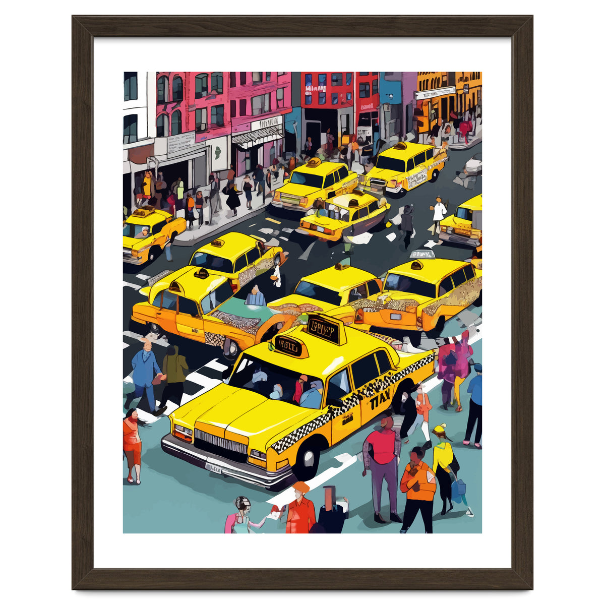 New York Minute, Yellow Taxi Cab Manhattan Downtown Busy Street, Traffic People Buildings Times Square Eclectic Road Architecture