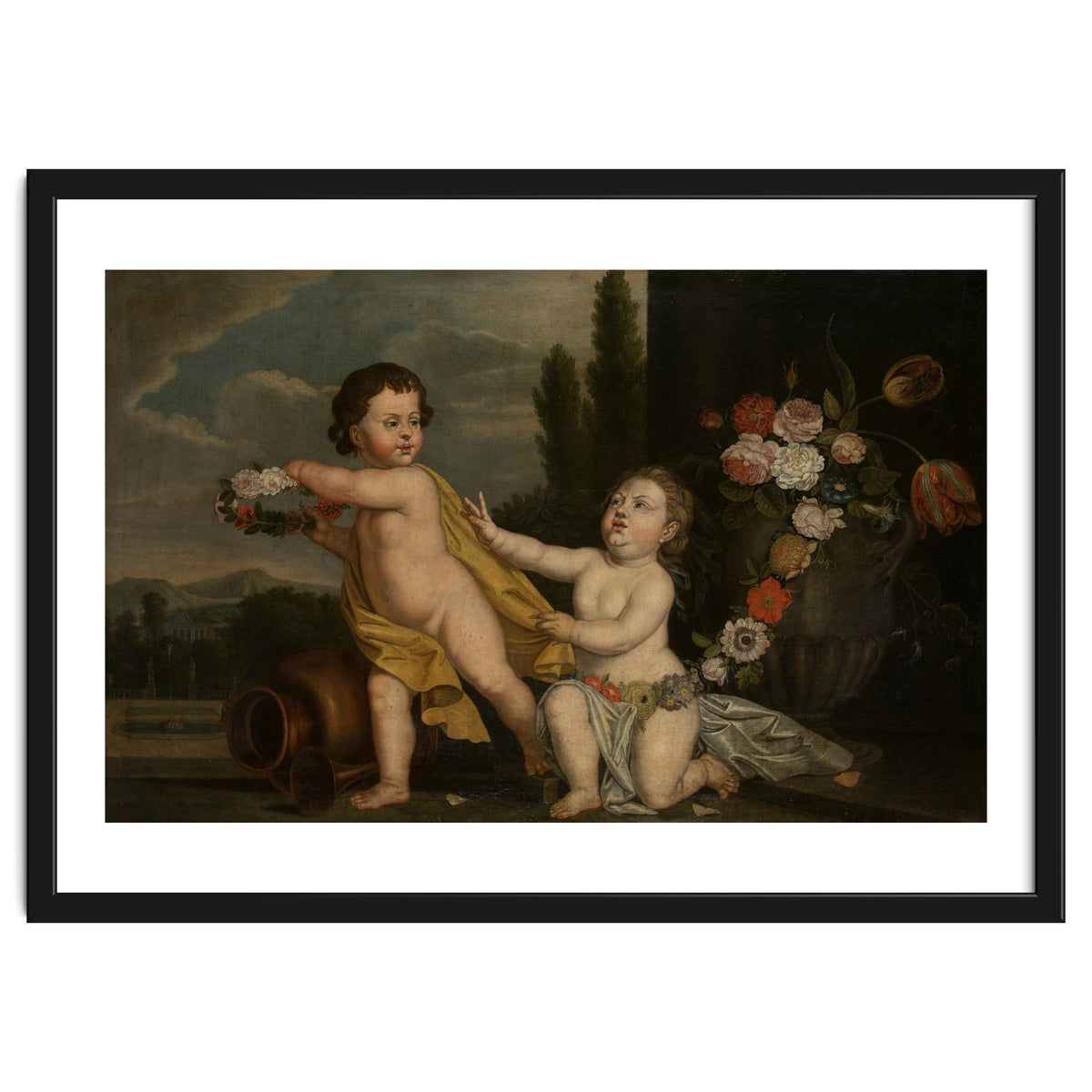 German Master (18th Century) – Two Putti with Garlands of Flowers