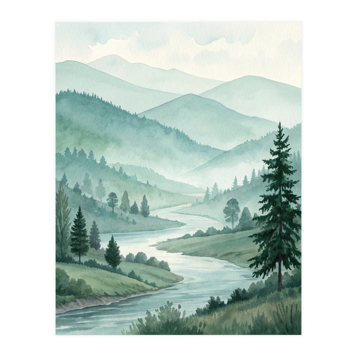 Serene Misty Mountain Valley Watercolor Painting (Print Only)