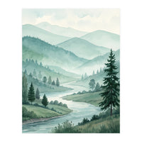 Serene Misty Mountain Valley Watercolor Painting (Print Only)