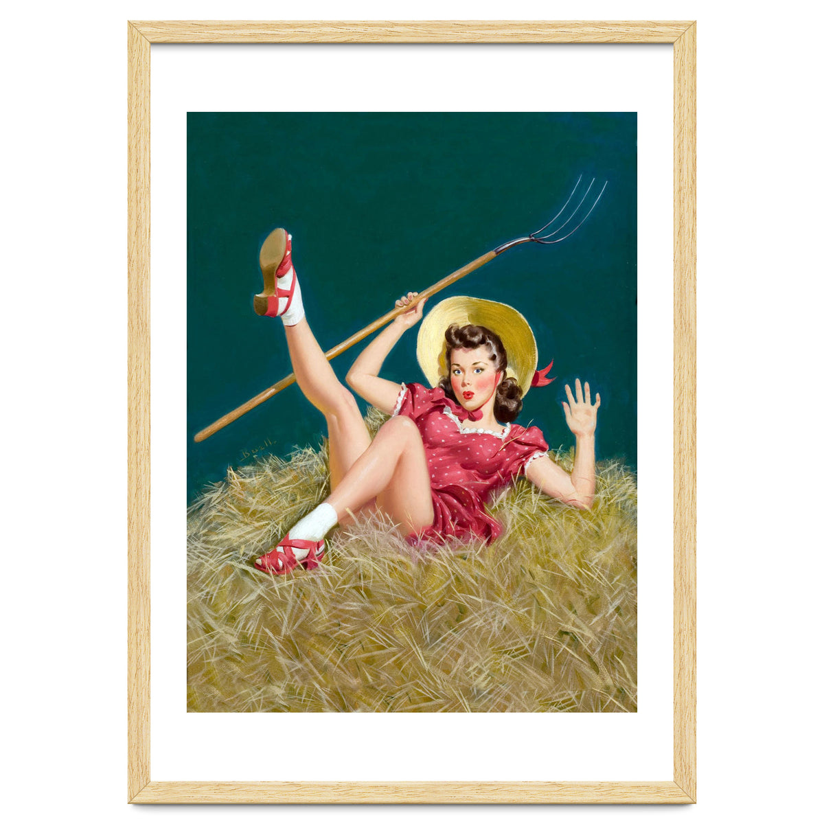 Pinup Sexy Girl Posing On A Hay With A Pitchfork