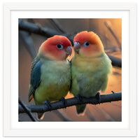 Two Lovebirds Perched On A Branch At Sunset
