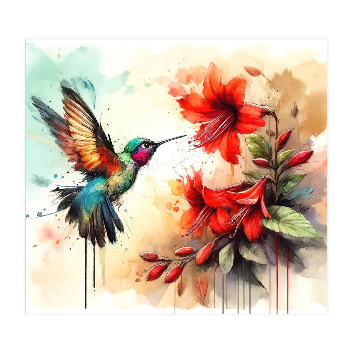Dance Of Hummingbird And Crimson Flowers (Print Only)