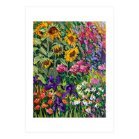 Vibrant Summer Sunflower and Iris Meadow Oil Painting (Print Only)