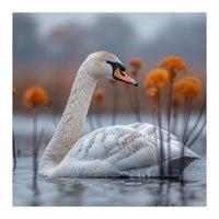 White Swan Swimming In A Lake With Reeds (Print Only)