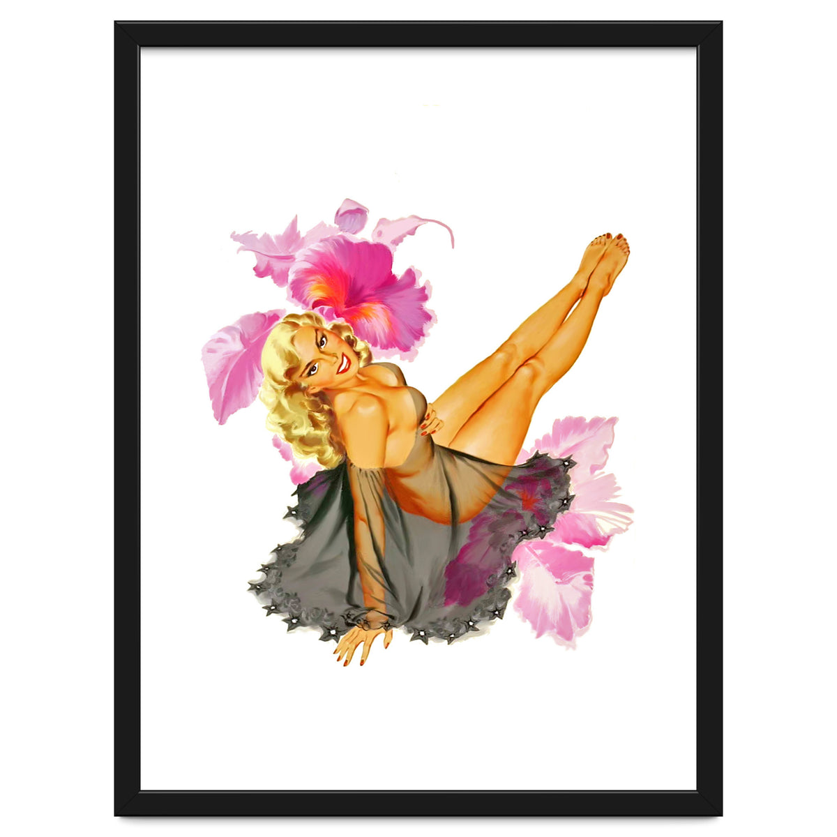 Pinup Sexy Woman Posing In Black Sleeping Dress