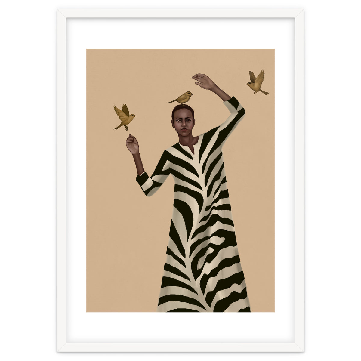 Woman With Birds And Zebra Pattern Dress