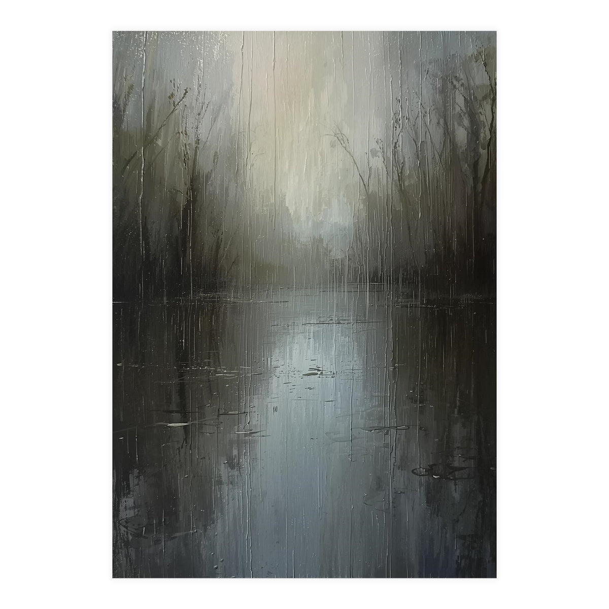 Ethereal Rainy Lake Forest Oil Painting (Print Only)